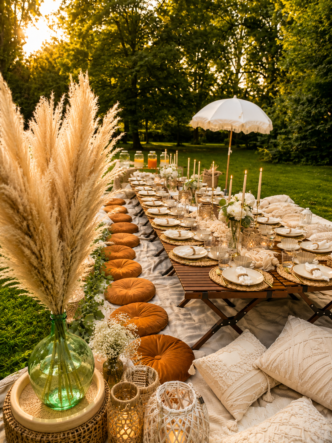 Lange gedeckte Picknicktafel mit Pampasgras, Sitzkissen und Sonnenschirm