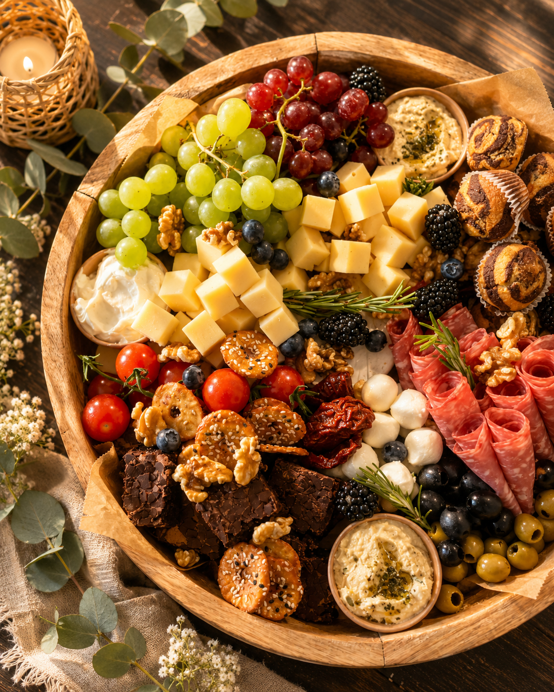 Herzhaftes Picknickboard mit Käse, Trauben, Beeren, Wurst und Gebäck