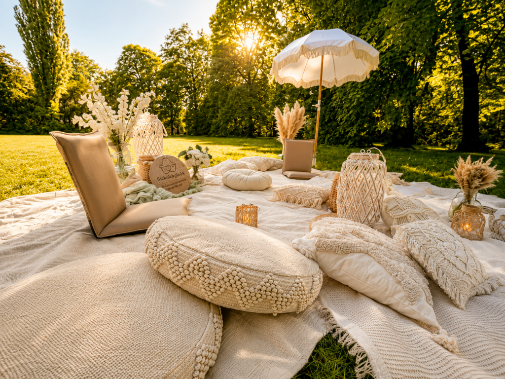 Picknicklounge mit hellen Decken, Sitzkissen und Sonnenschirm auf einer Wiese