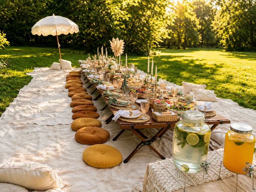 Gedeckte Picknicktafel mit Blumen, Kerzen und Getränkespender im Park
