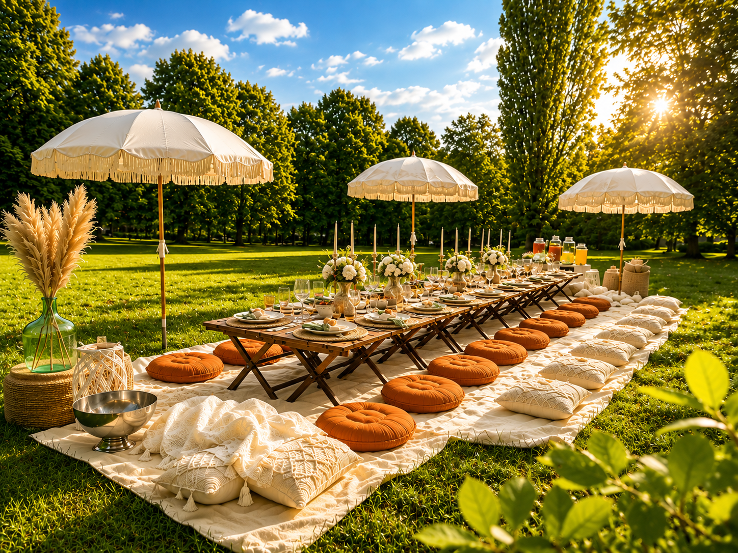 Lange Picknicktafel mit Sitzkissen und drei Sonnenschirmen auf einer Wiese