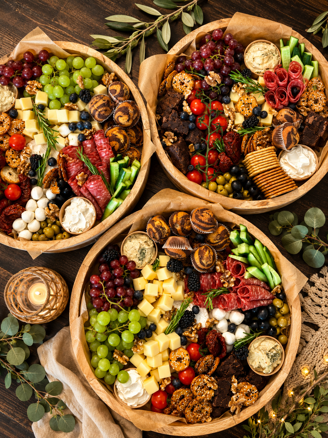Drei reich belegte Picknickboards mit Käse, Obst, Gemüse und herzhaften Snacks
