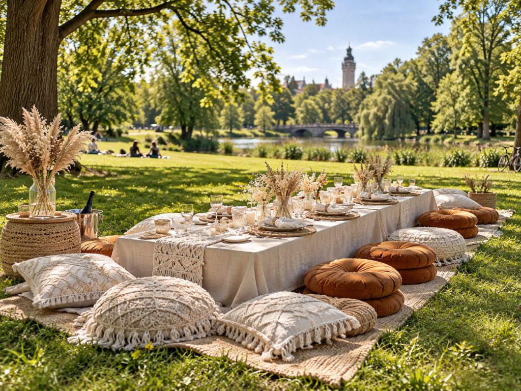Lange niedrige Picknicktafel mit cremefarbenen Textilien, Trockenblumen und Sitzkissen unter Bäumen in einer grünen Parklandschaft.