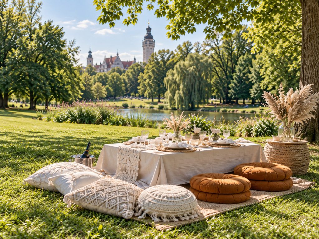 Picknicktisch mit Trockenblumen, hellen Makrameekissen und terrakottafarbenen Sitzkissen auf einer sonnigen Parkwiese.