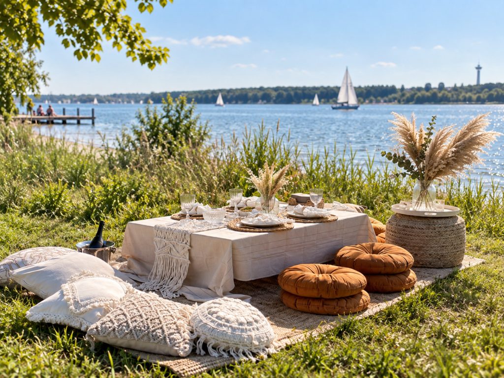 Gedeckte Picknicktafel mit cremefarbenen Decken und terrakottafarbenen Kissen am Seeufer, dahinter Wasser und Segelboote.