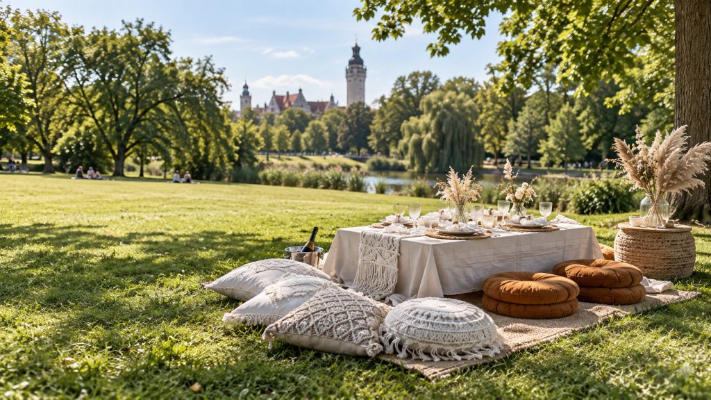 Liebevoll gedeckte Picknicktafel mit cremefarbenen Textilien und terrakottafarbenen Kissen vor einer Parklandschaft mit Teich und Stadtsilhouette.