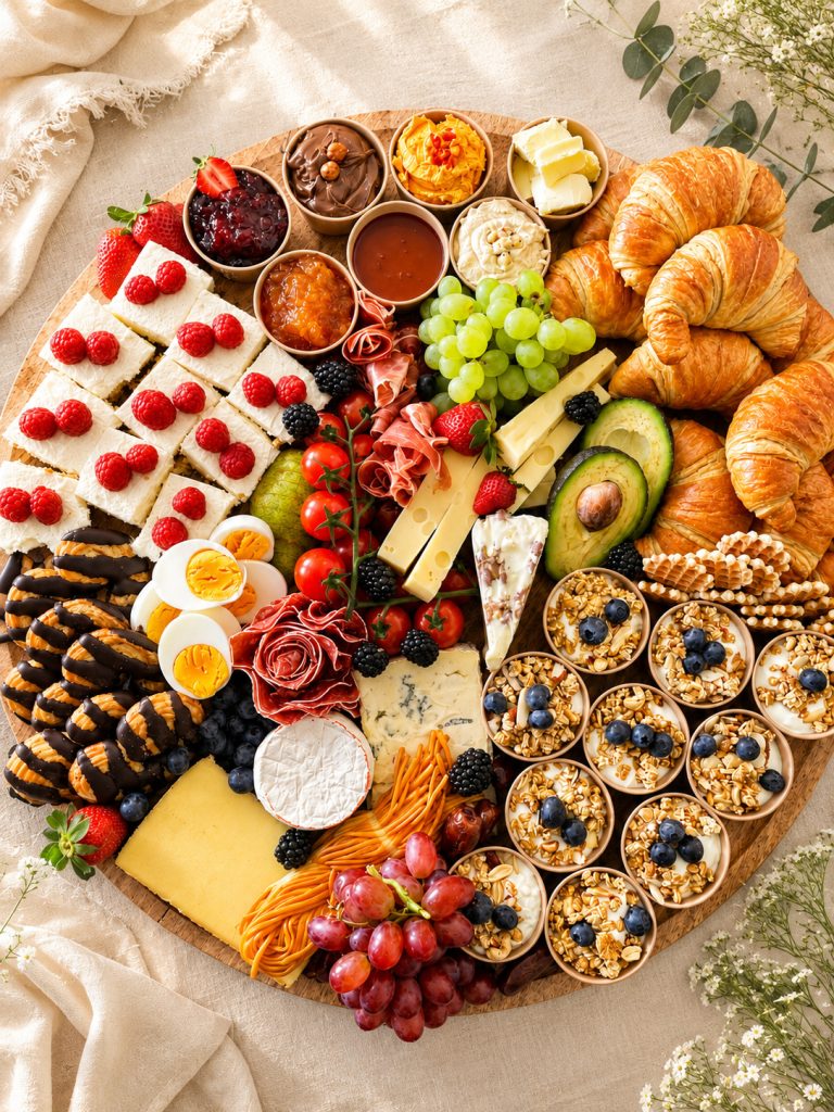 Brunchboard mit Croissants, Käse, Trauben, Aufstrichen und kleinen Frühstücksportionen zum Teilen
