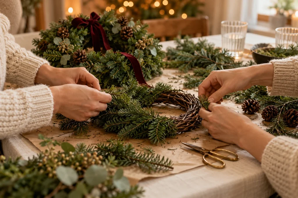 Hände beim gemeinsamen Binden eines Kranzes aus Tannengrün; KI-Konzeptbild für einen Weihnachtsworkshop.