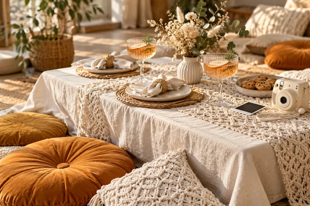 Picknick-Dekoration mit Makramee, Blüten, Drinks, Sofortbildkamera und runden ockerfarbenen Kissen; KI-Konzeptbild.