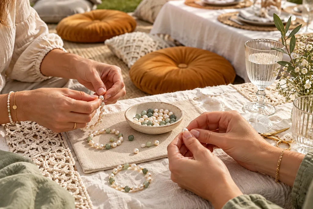 Kreativzeit mit Perlenarmbändern am hell gedeckten Picknicktisch mit Makramee und ockerfarbenen Kissen; KI-Konzeptbild.