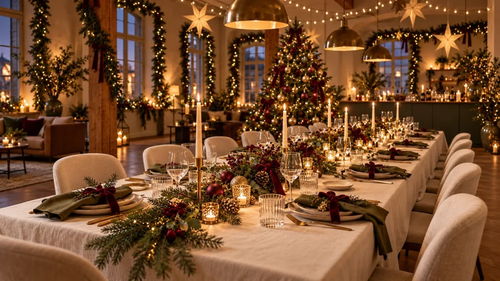 Festliche Weihnachtsfeier an einer Tafel mit Stühlen, Weihnachtsbaum, Tannengirlanden und warmen Lichtern – KI-Konzeptvisualisierung