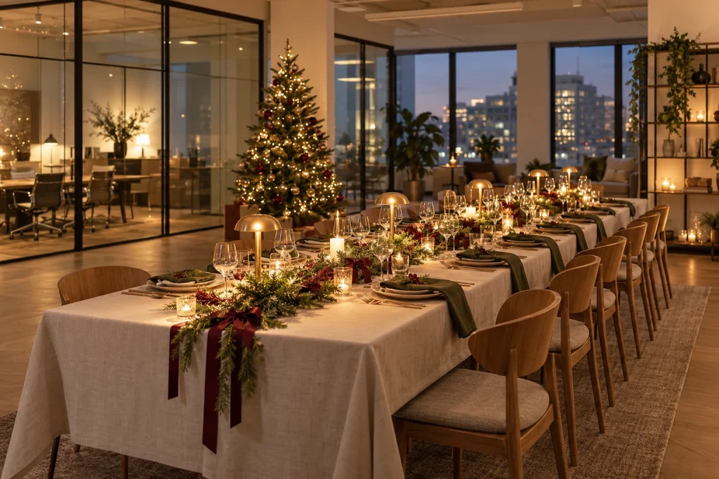 Firmenräume mit festlicher Tafel und Stühlen für eine Weihnachtsfeier – KI-Konzeptvisualisierung