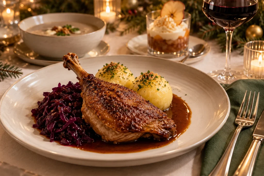 Festliches Weihnachtsmenü mit Entenkeule, Klößen, Rotkohl und Dessert – KI-Konzeptvisualisierung