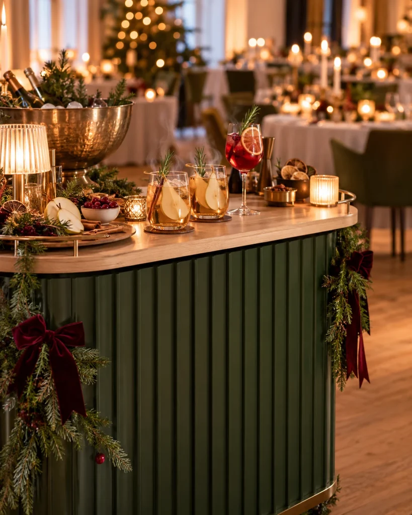 Moosgrüne Winterbar mit festlichen Drinks und Weihnachtsdekoration – KI-Konzeptvisualisierung