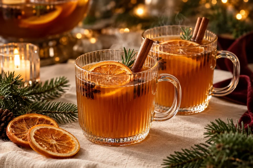 Dampfender Punsch in geriffelten Gläsern mit Orange, Zimt und Tannengrün; KI-Konzeptbild für eine Weihnachtsfeier.