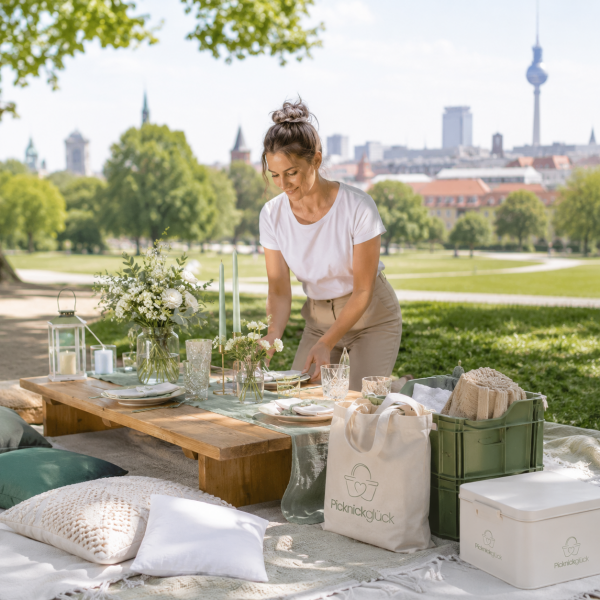 Frau beim Aufbau einer Picknicktafel mit Geschirr und Blumendekoration im Park