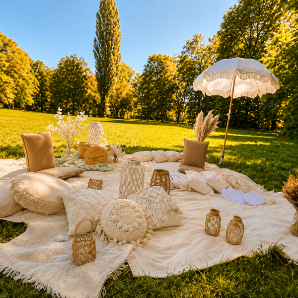 Picknicklounge mit hellen Decken, runden Sitzkissen und Laternen im Park