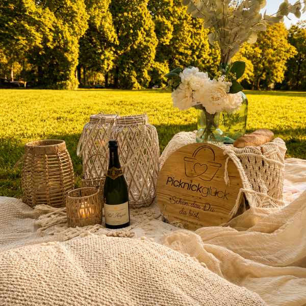 Picknickdekoration mit Blumen, Flasche und Picknickglück-Schild auf einer Wiese