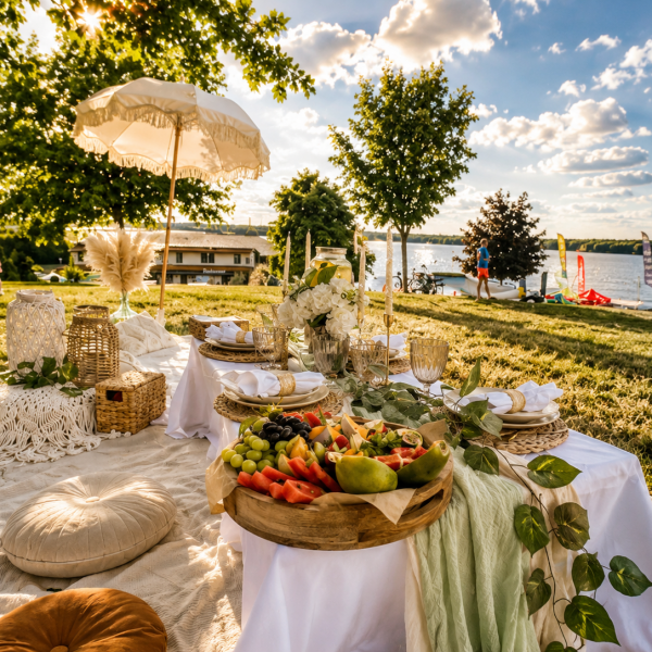Picknicktafel am Wasser mit Speisen, Getränken und weißem Sonnenschirm