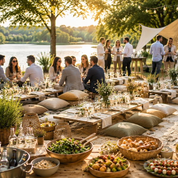 Große Picknickgesellschaft an einer festlich gedeckten Tafel am See