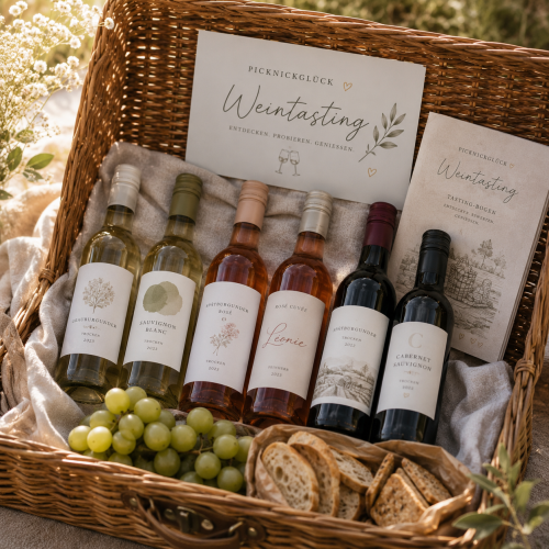 Weintastingbox im Picknickkorb mit kleinen Weinflaschen, Trauben und Brot