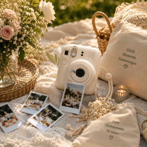 Sofortbildkamera mit ausgedruckten Fotos und Blumen beim Picknick
