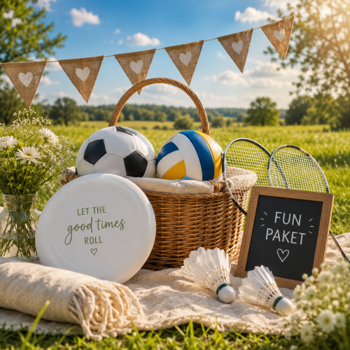 Spielekorb mit Fußball, Volleyball, Badmintonschlägern und Frisbee
