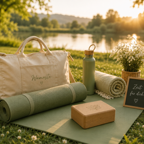 Yogamatte mit Yogablock, Tasche und Trinkflasche am See