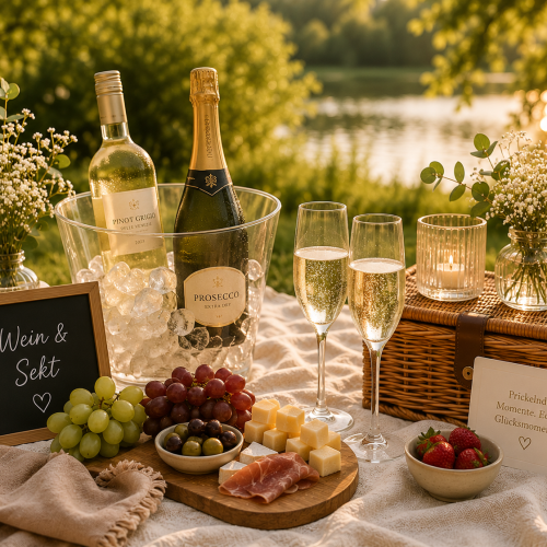 Wein- und Sektflaschen im Kühler mit Gläsern und kleinen Snacks