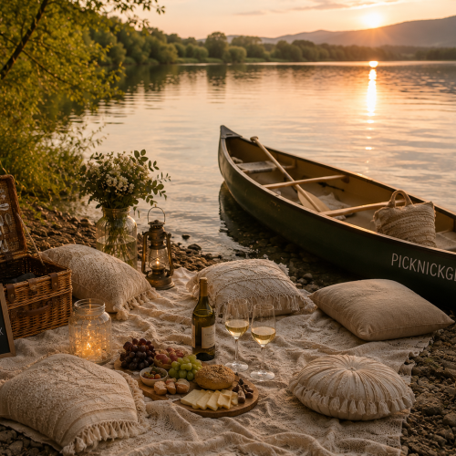 Ruderboot am See neben einem Picknickplatz mit Kissen und Kerzen