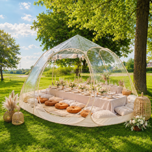 Transparentes Picknickzelt mit gedeckter Tafel und Sitzkissen auf einer Wiese