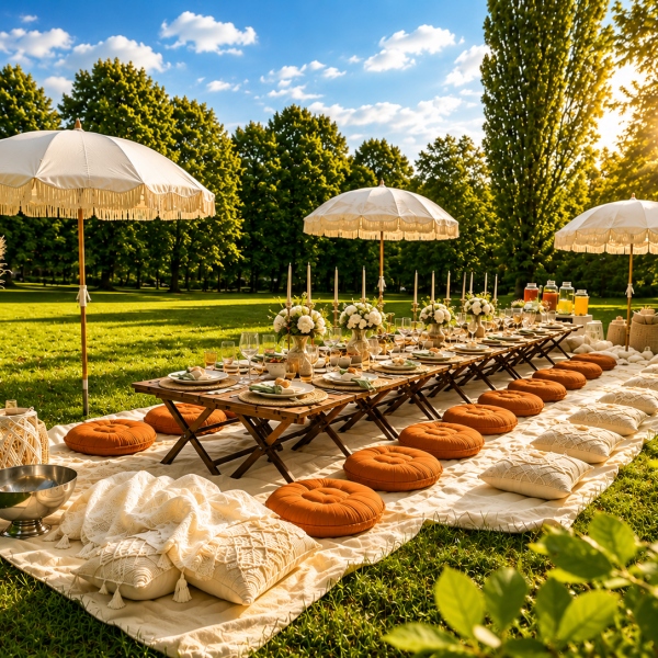 Lange Picknicktafel mit Sitzkissen und drei Sonnenschirmen auf einer Wiese