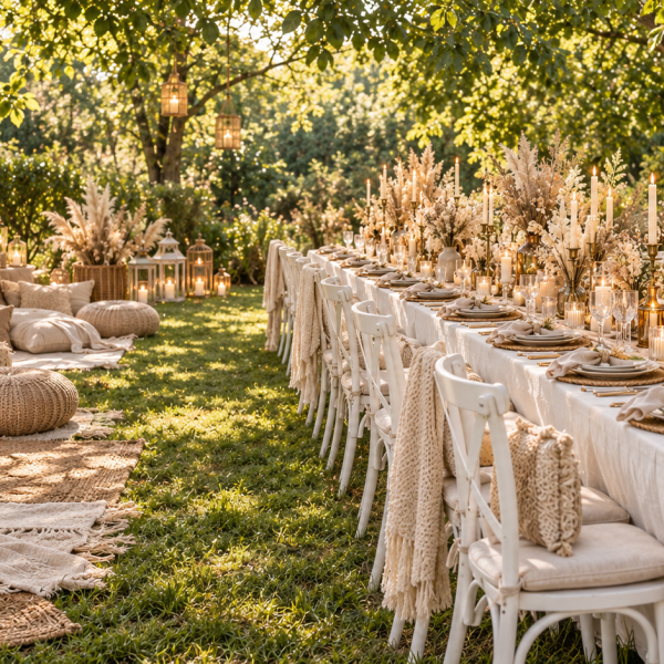Festlich gedeckte lange Hochzeitstafel mit weißen Stühlen, Trockenblumen und Laternen neben einer Boho-Picknicklounge unter Bäumen – Konzeptvisualisierung.