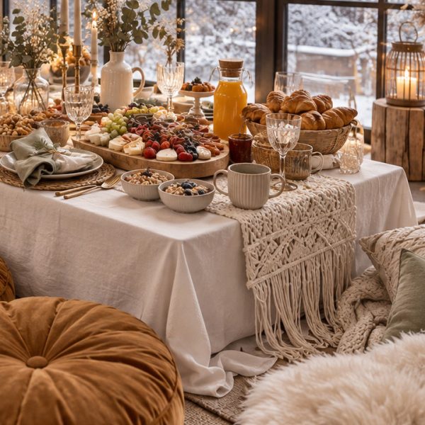 Detail einer winterlichen Brunchtafel mit Croissants, Obst, Käse, Tassen und salbeigrünen Servietten – Ausschnitt einer KI-Konzeptvisualisierung.